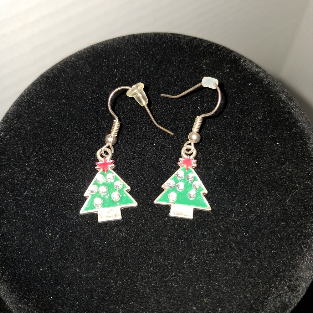 Green, Red and White Enamel Christmas Tree Earrings